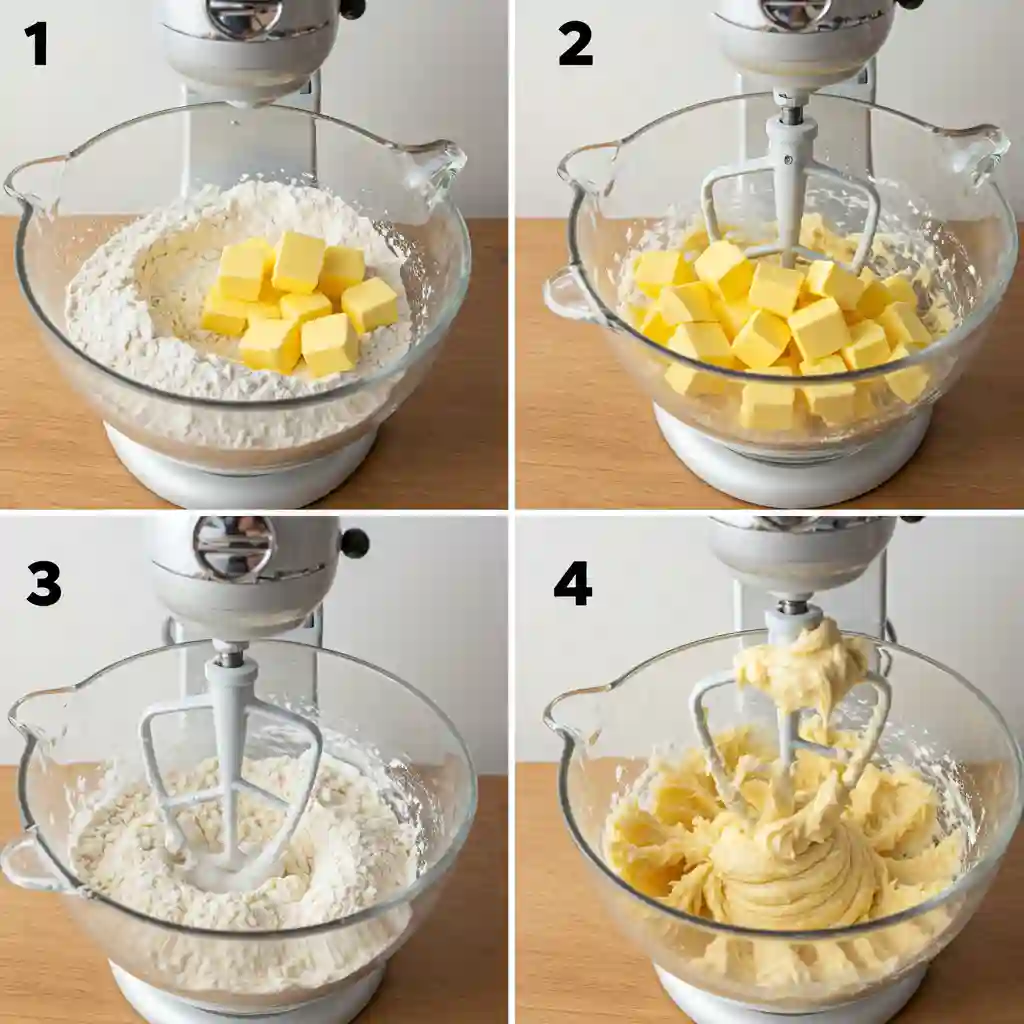 A step-by-step photo collage showing how to make the perfect dough for gluten free shortbread cookies in a stand mixer, from combining butter and flour to a smooth, finished dough.