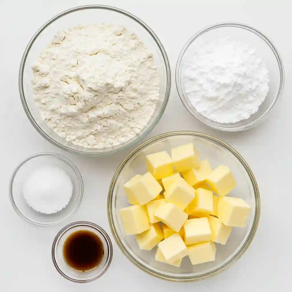 An overhead shot of the key ingredients for a gluten free shortbread cookies recipe, including gluten-free flour, cubed butter, and powdered sugar, prepped and ready for baking.