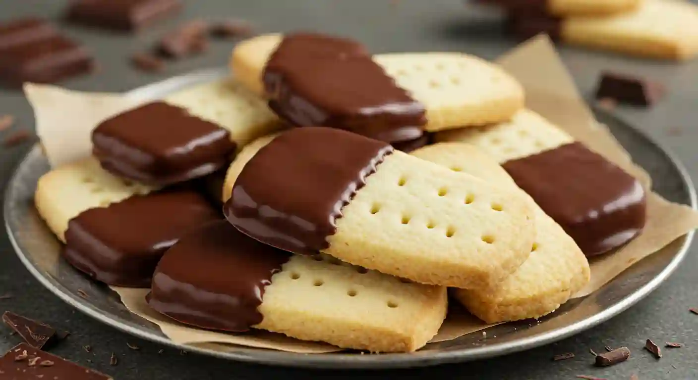 A silver plate piled with golden, buttery gluten-free shortbread cookies, half-dipped in rich, dark chocolate for an elegant finish.