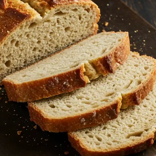 A golden-brown loaf of homemade bread made from a simple gluten-free bread recipe, with several soft, fluffy slices cut to show the perfect texture.