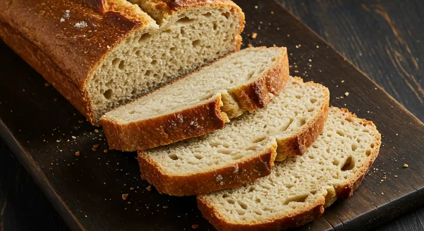 A golden-brown loaf of homemade bread made from a simple gluten-free bread recipe, with several soft, fluffy slices cut to show the perfect texture.