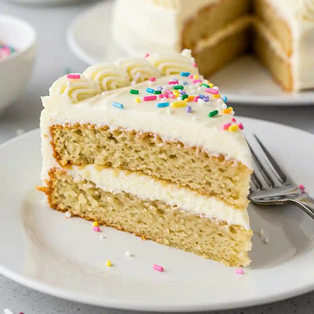 Vegan gluten free cake slice with creamy frosting and colorful sprinkles, showcasing a fluffy texture perfect for celebrations or special occasions