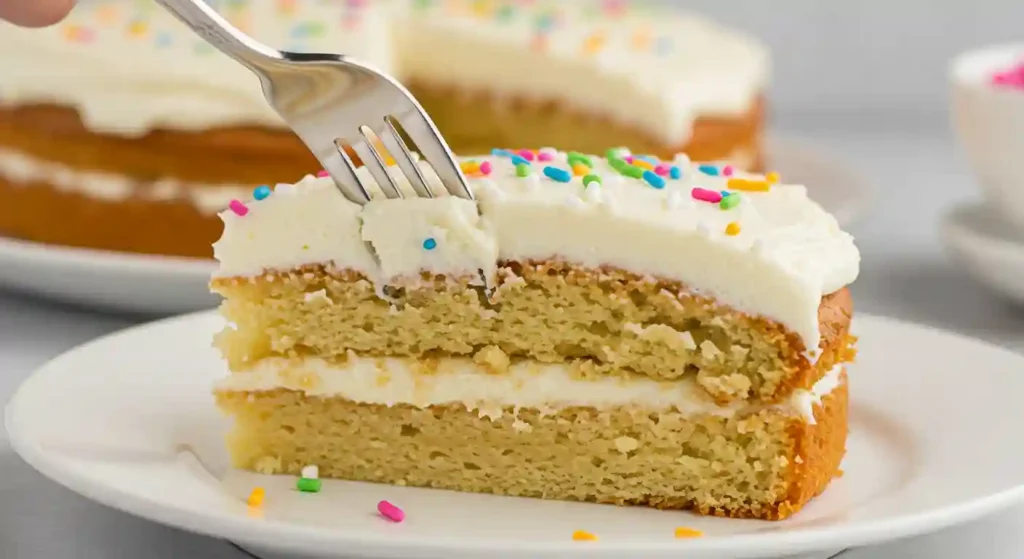 Vegan gluten free cake slice with creamy frosting and colorful sprinkles, being served with a fork, showcasing a light and fluffy texture perfect for any celebration