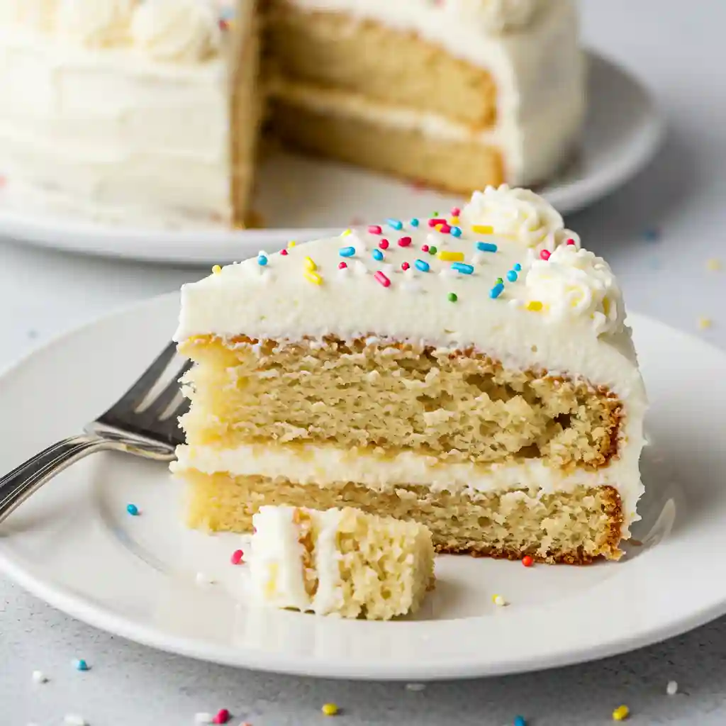 Vegan gluten free cake slice with creamy frosting and colorful sprinkles, showing a moist, fluffy texture, perfect for celebrations and special occasions