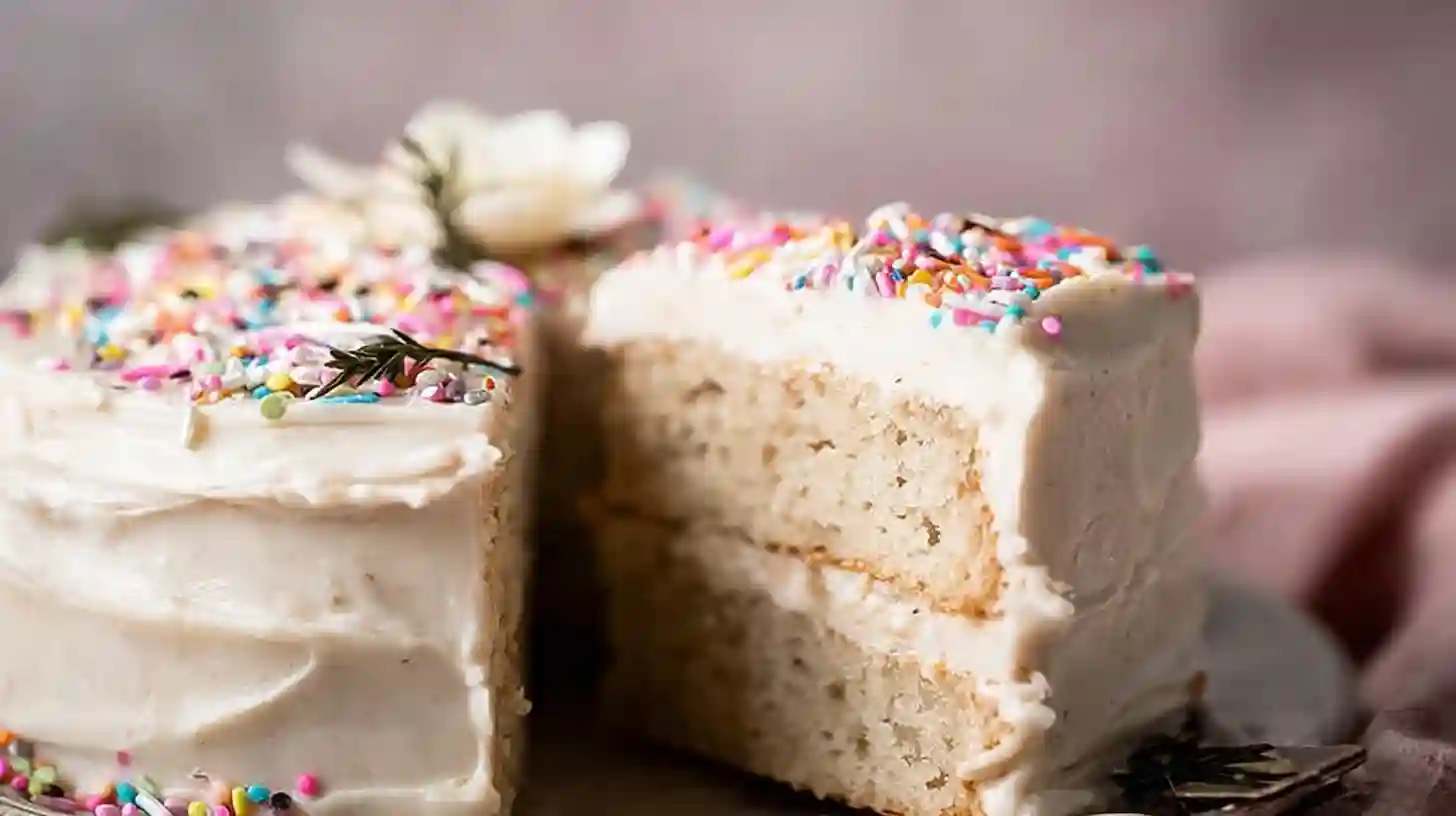 Vegan gluten-free birthday cake with sprinkles and creamy frosting, showcasing a moist, fluffy texture and perfect for celebrations