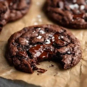 A close-up of a chewy vegan gluten free cookie with a bite taken out, showing its soft, fudgy interior, melted chocolate, and a sprinkle of flaky sea salt.