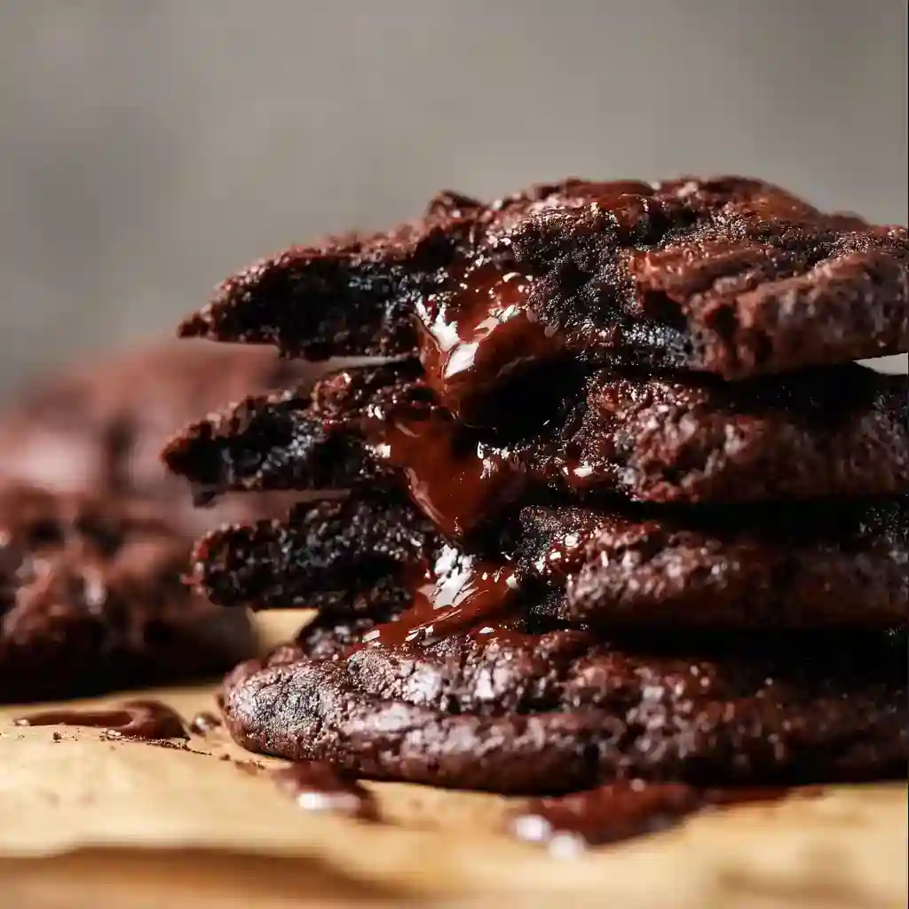 A stack of chewy vegan gluten free cookies with a gooey, melted chocolate center, one broken in half to show the soft interior.