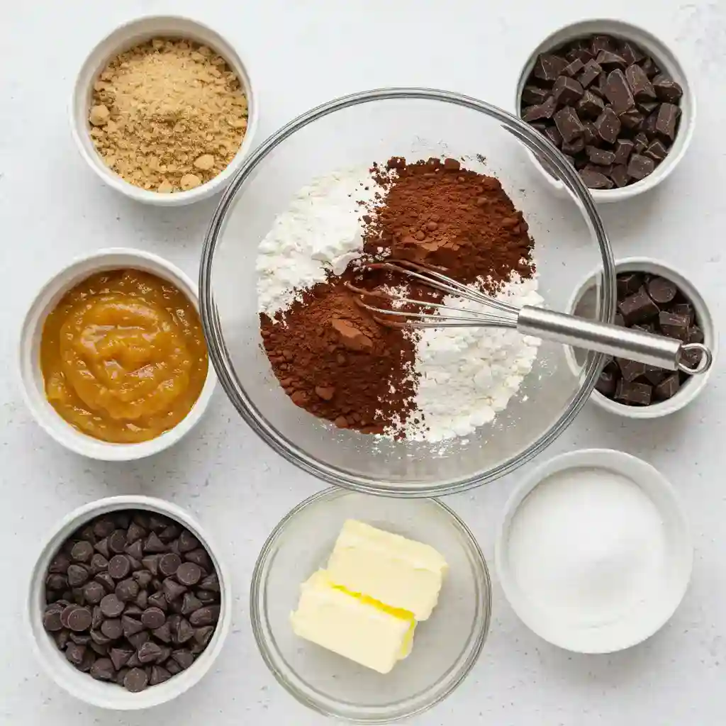 An overhead shot of ingredients for vegan gluten free cookies measured out in individual bowls, with flour and cocoa powder being whisked in a large central glass bowl.