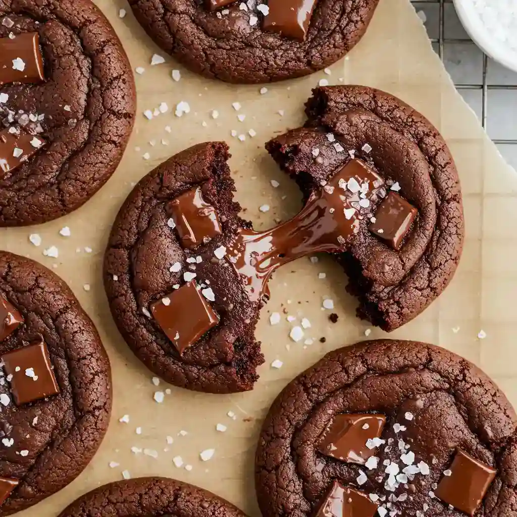 An overhead shot of vegan gluten free cookies on parchment paper, with one broken in half to reveal a gooey, stretching chocolate pull and a sprinkle of sea salt.