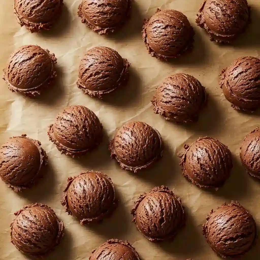 Scoops of chocolate cookie dough for vegan gluten free cookies arranged in neat rows on a sheet of brown parchment paper before baking.