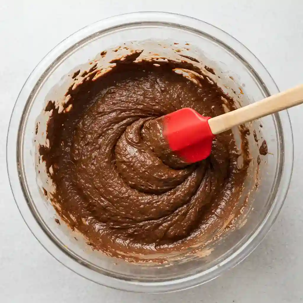A red spatula mixing thick, glossy chocolate cookie dough in a glass bowl for the vegan gluten free cookies recipe.