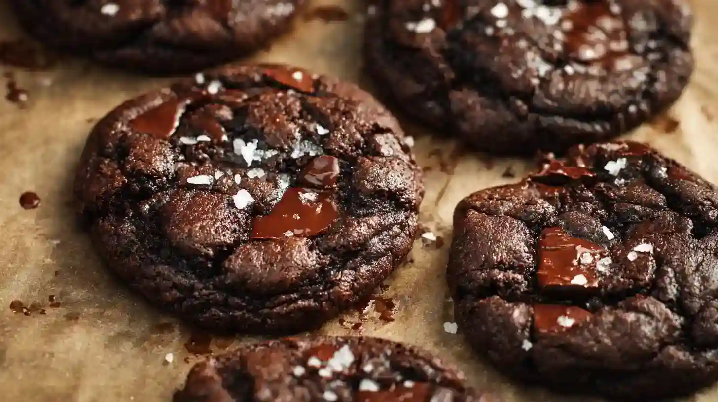 A close-up of rich, fudgy vegan gluten free cookies packed with melted chocolate chunks and sprinkled with flaky sea salt, cooling on parchment paper.