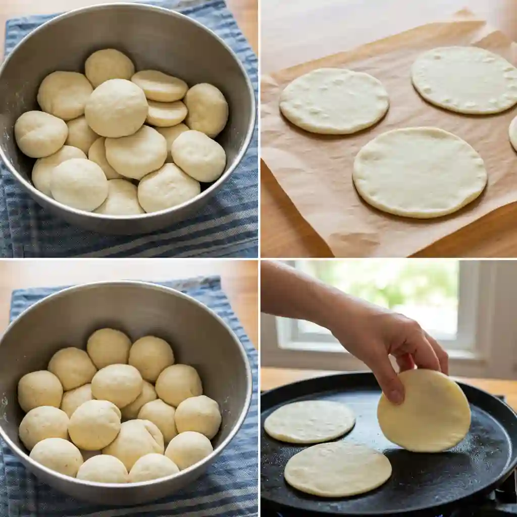 A four-panel photo collage showing the process of making almond flour tortillas, including rolling dough into balls, pressing them flat, and cooking them on a hot skillet.