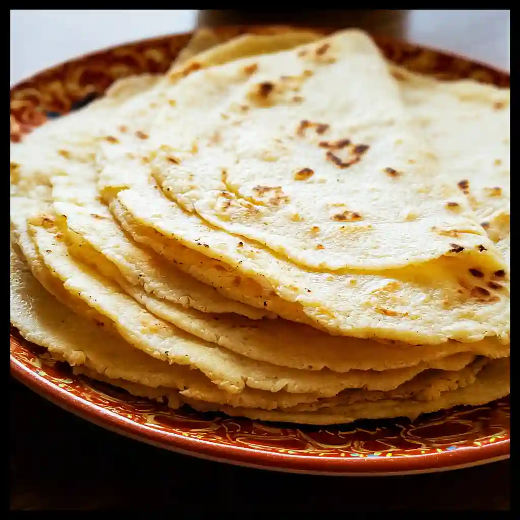 A stack of freshly cooked almond flour tortillas on a blue and yellow plate, with the top tortilla folded to show its soft texture.