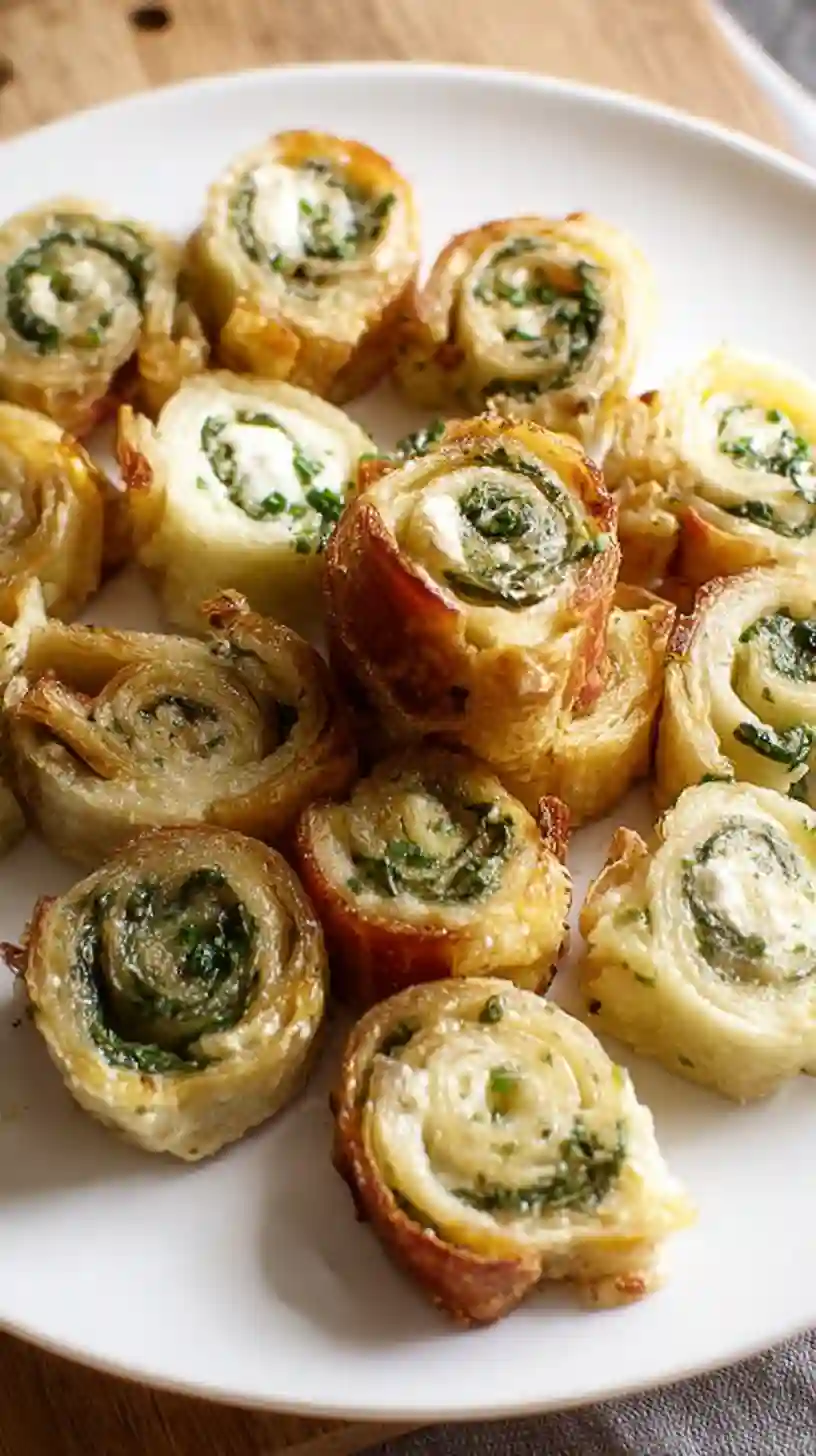 A white plate of golden-baked spinach and cheese pinwheels, swirled with herbs and a creamy filling, served as an appetizer