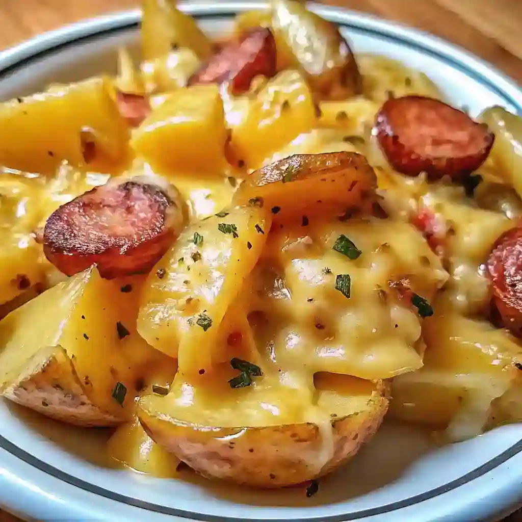 An overhead view of Cheesy Ranch Potatoes with sausage, highlighting the gooey, melted cheese and a sprinkle of fresh parsley.