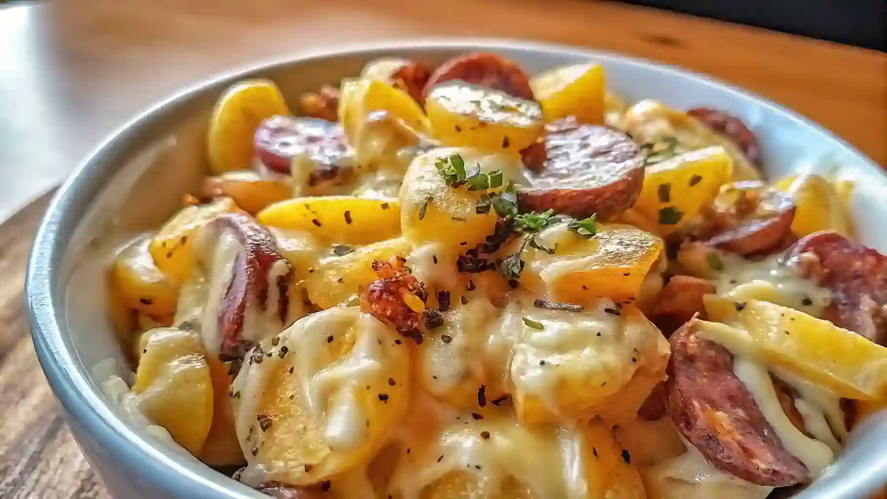 A white bowl filled with Cheesy Ranch Potatoes, topped with melted white cheese, seared sausage slices, and a garnish of herbs.