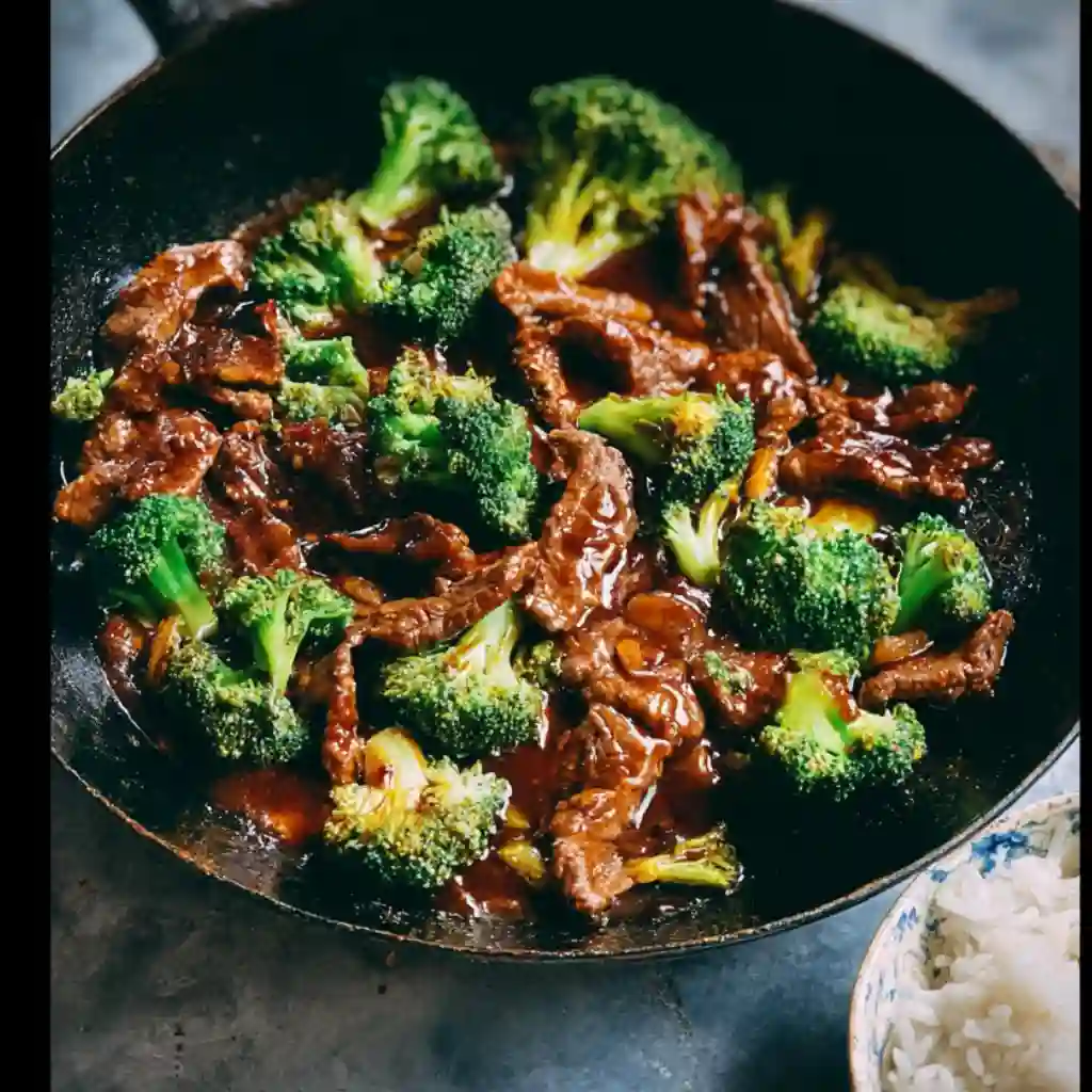 A top-down shot of saucy Chinese beef and broccoli stir-fry, with tender beef slices and bright green broccoli mixed together.