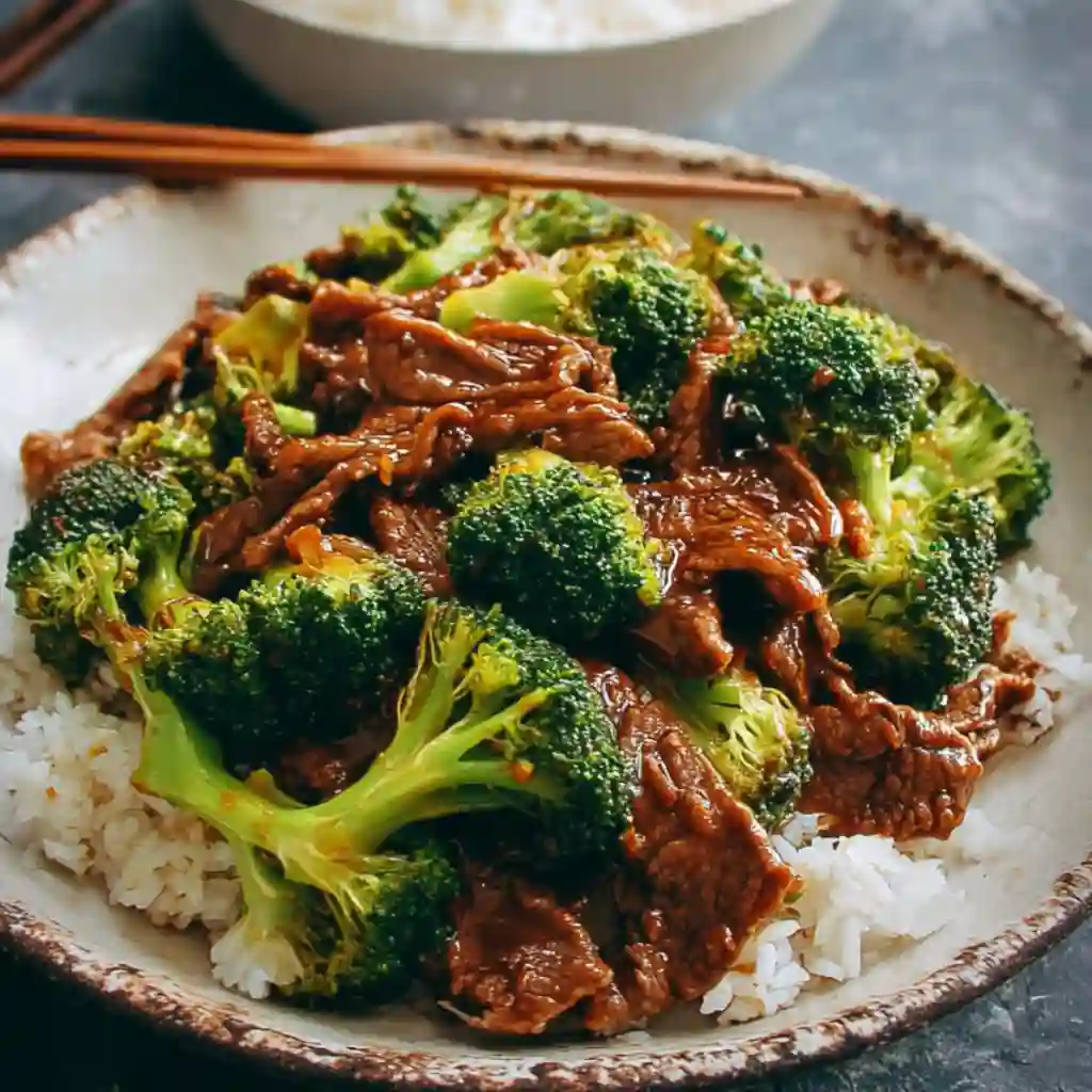 Homemade Chinese beef and broccoli cooking in a dark wok, with the rich sauce coating the beef and broccoli.