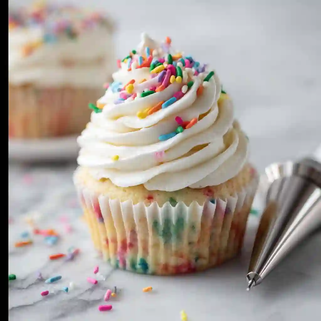 Vanilla cupcake topped with fluffy dairy free icing and rainbow sprinkles in a white wrapper