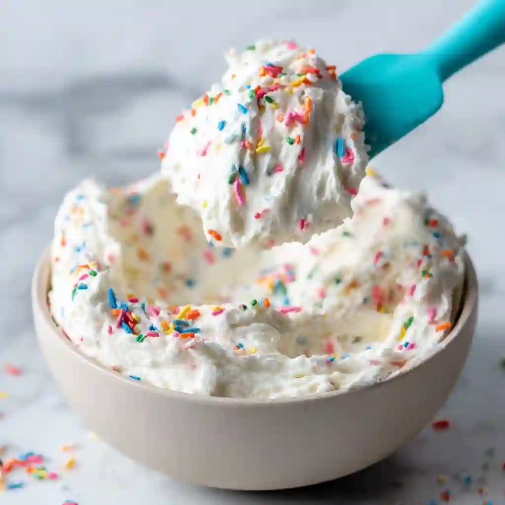 Soft dairy free icing scooped from a white bowl with a blue spatula and colorful sprinkles mixed in