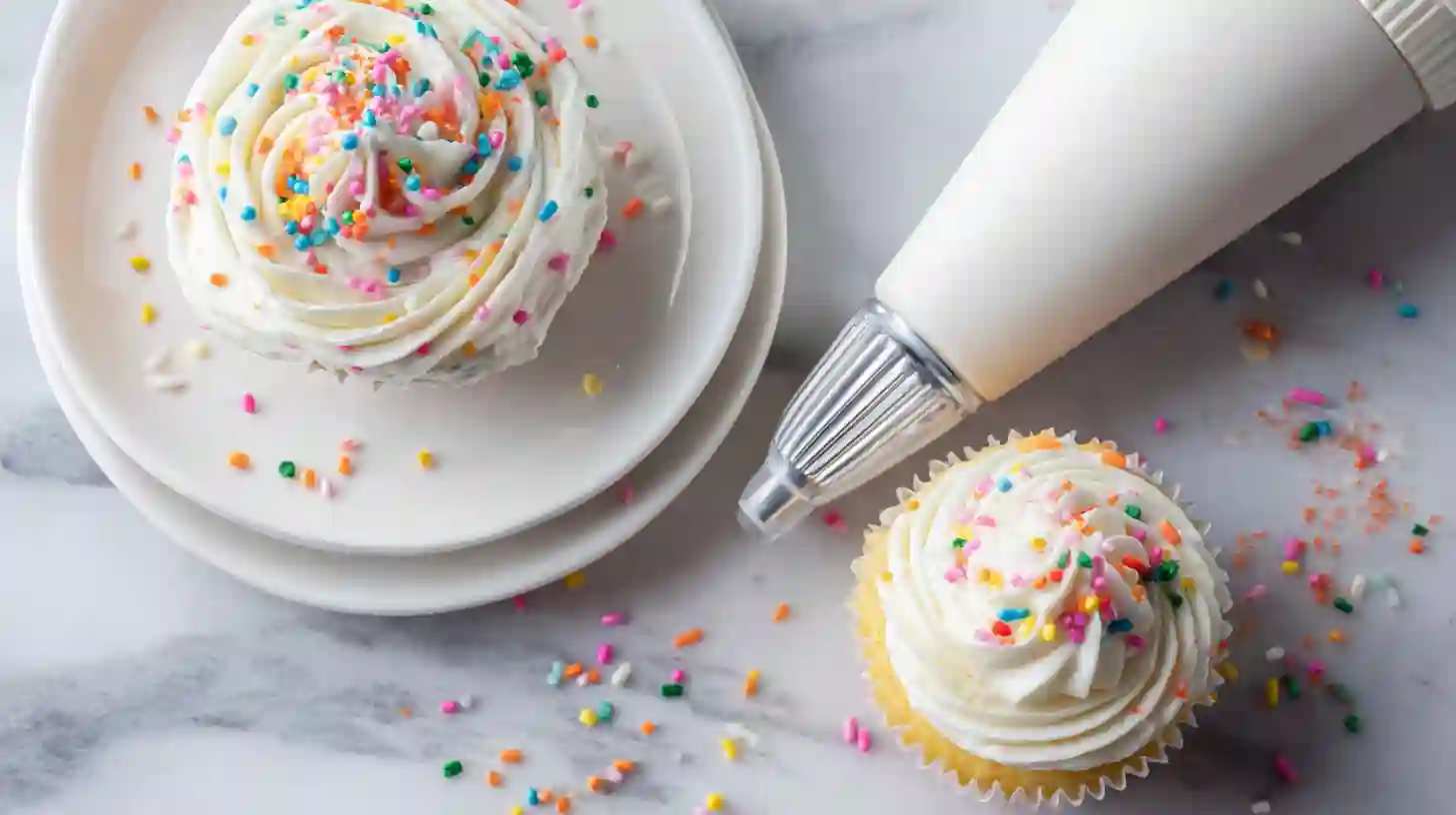 Two frosted cupcakes on plates with a piping bag filled with dairy free icing beside them