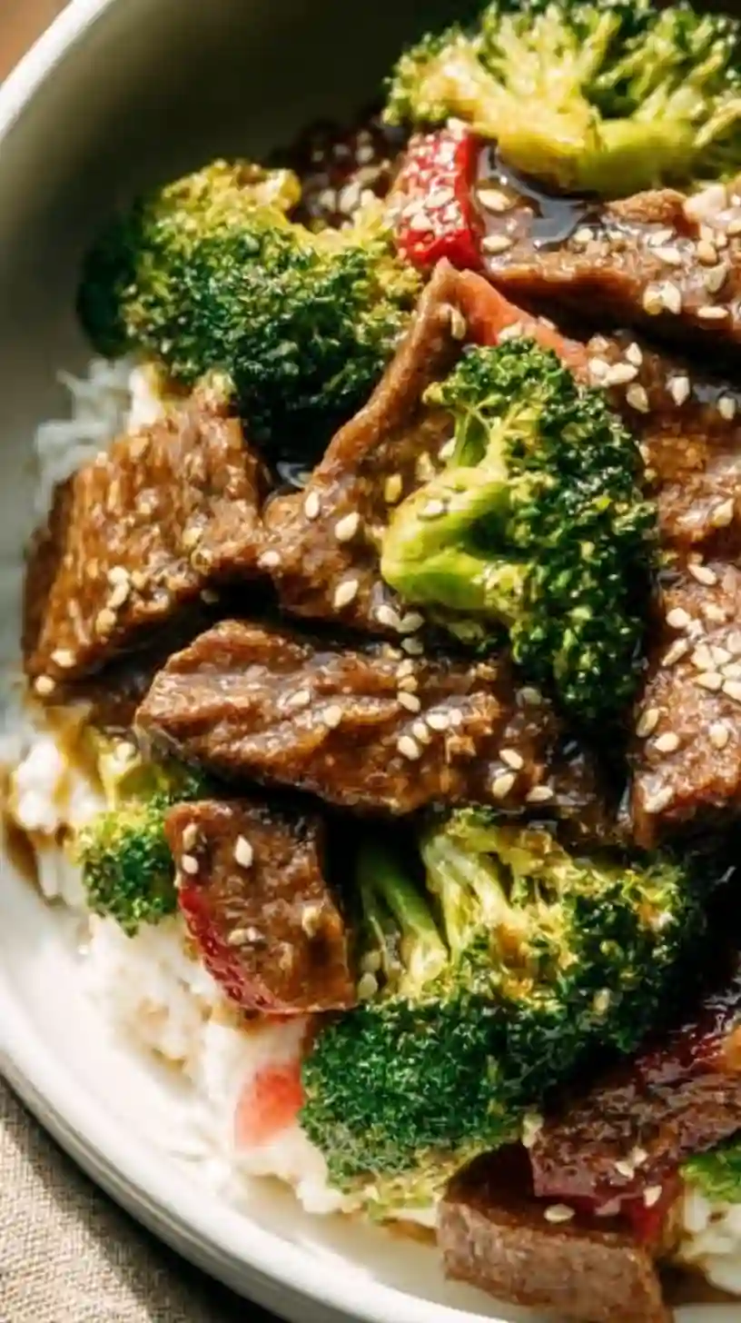A close-up of a beef and broccoli stir-fry in a white bowl, featuring tender beef and broccoli florets in a rich sauce over rice, topped with sesame seeds.