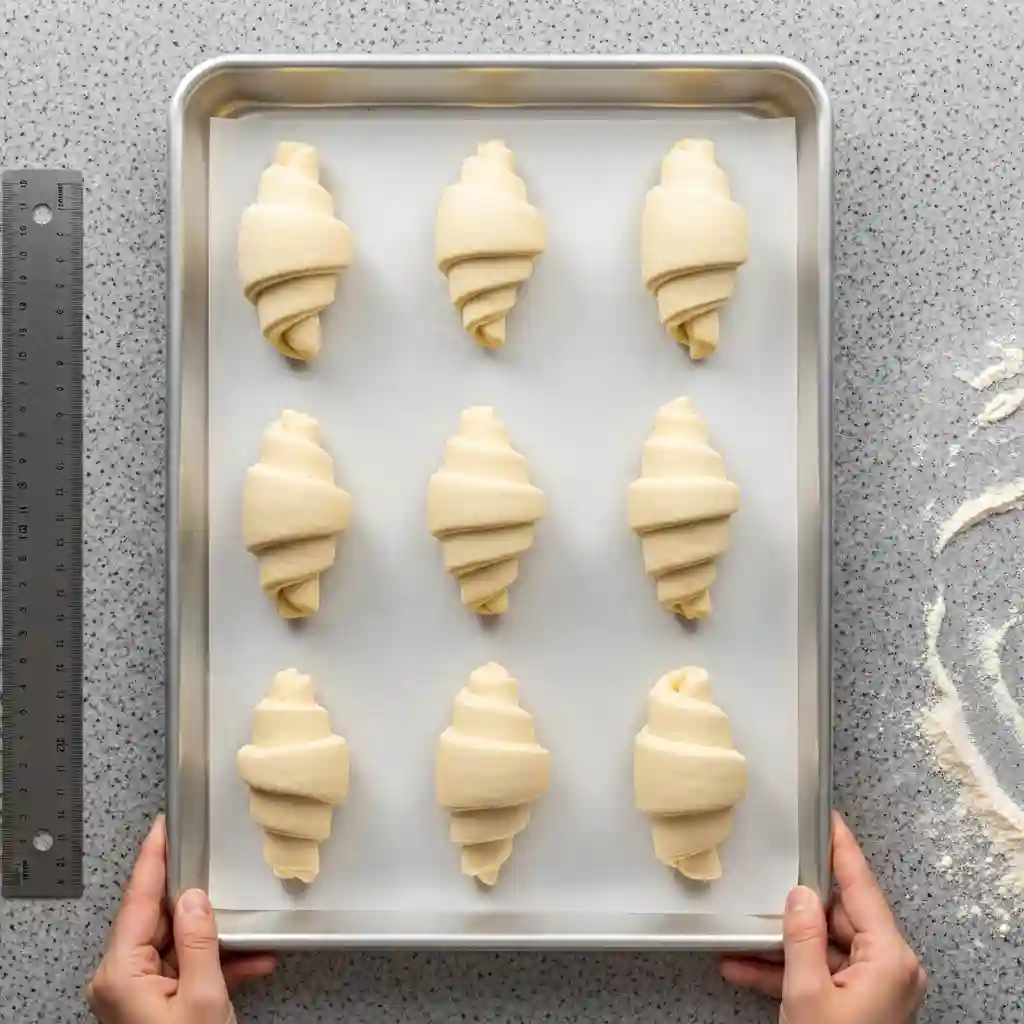 Nine perfectly shaped Gluten Free Crescent Rolls arranged on a parchment-lined baking sheet, ready to be proofed and baked