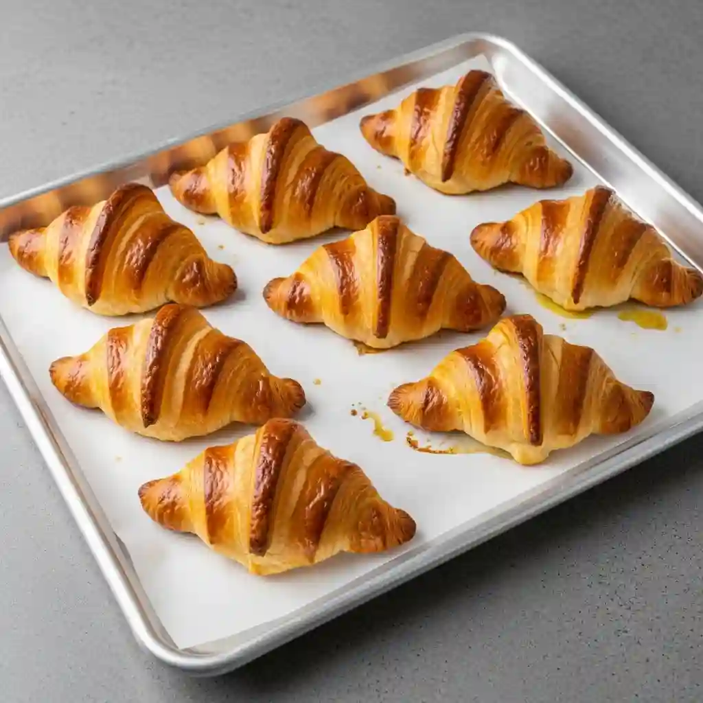 Eight freshly baked Gluten Free Crescent Rolls with a shiny, golden brown crust, cooling on a parchment-lined baking sheet