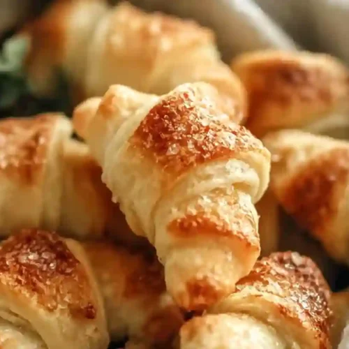 A close-up of flaky, golden brown Gluten Free Crescent Rolls sprinkled with sugar and piled in a cloth-lined wooden basket