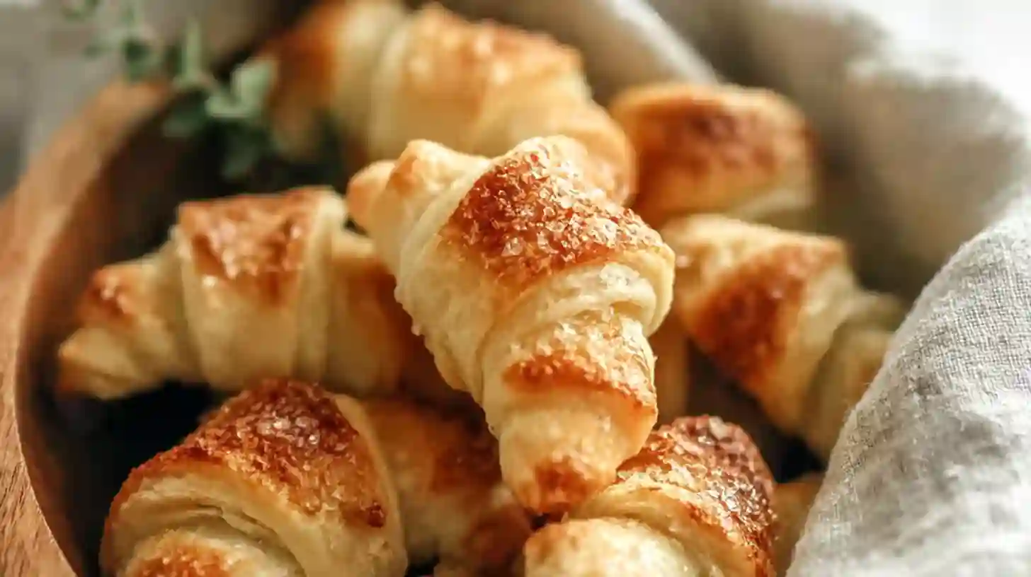 A close-up of flaky, golden brown Gluten Free Crescent Rolls sprinkled with sugar and piled in a cloth-lined wooden basket