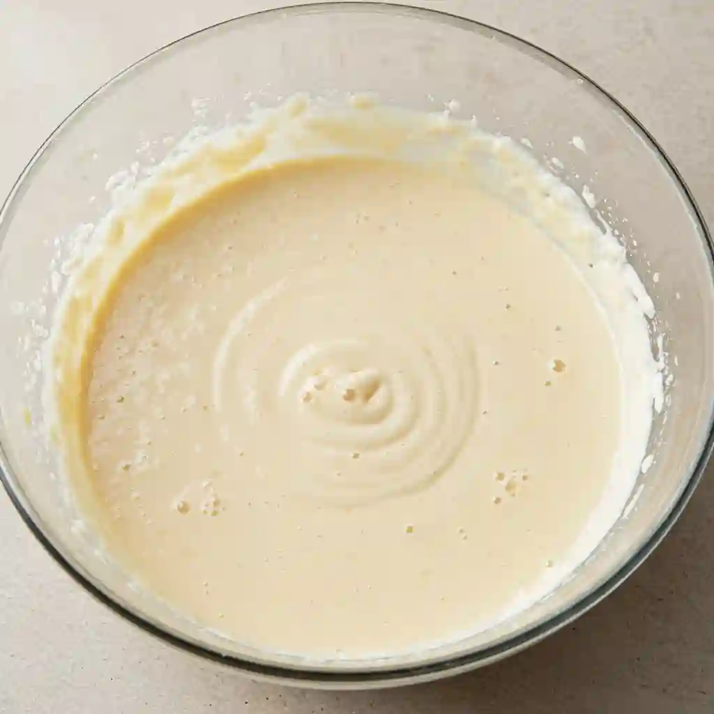 Smooth and creamy batter for gluten free pancakes in a glass bowl, ready to be cooked.