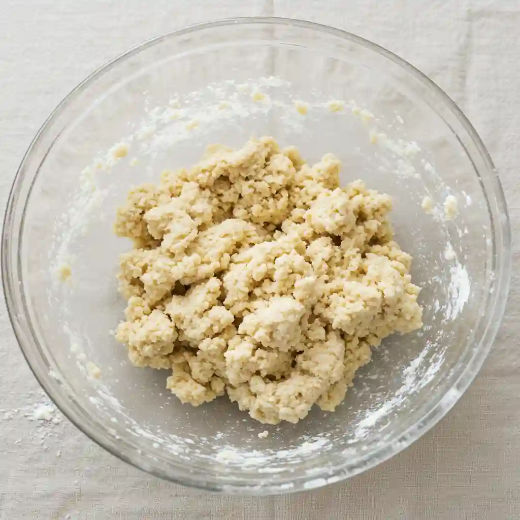 Dry ingredients being mixed for the gluten free pancakes, showing the initial shaggy dough before the wet ingredients are fully incorporated.