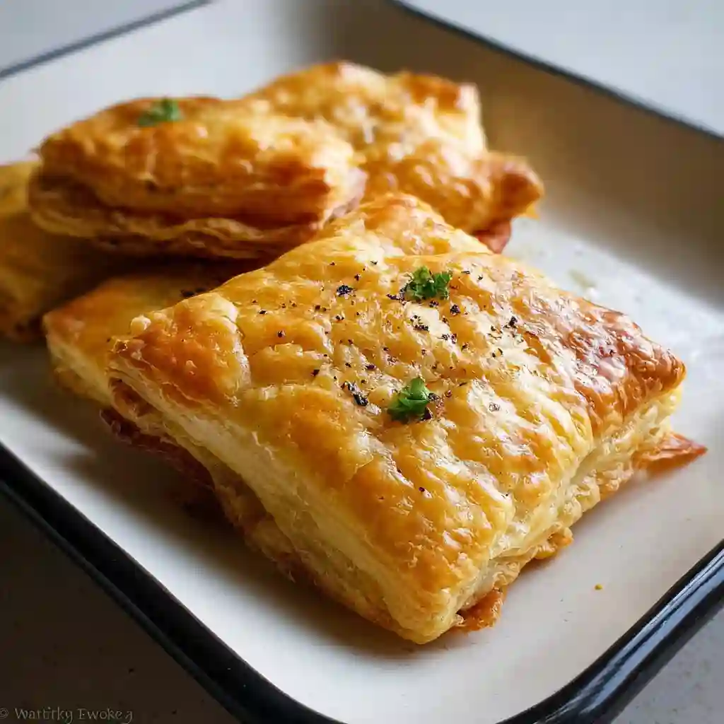 A stack of perfectly baked, flaky Gluten Free Puff Pastry squares on a plate, highlighting the delicious, golden-brown layers.