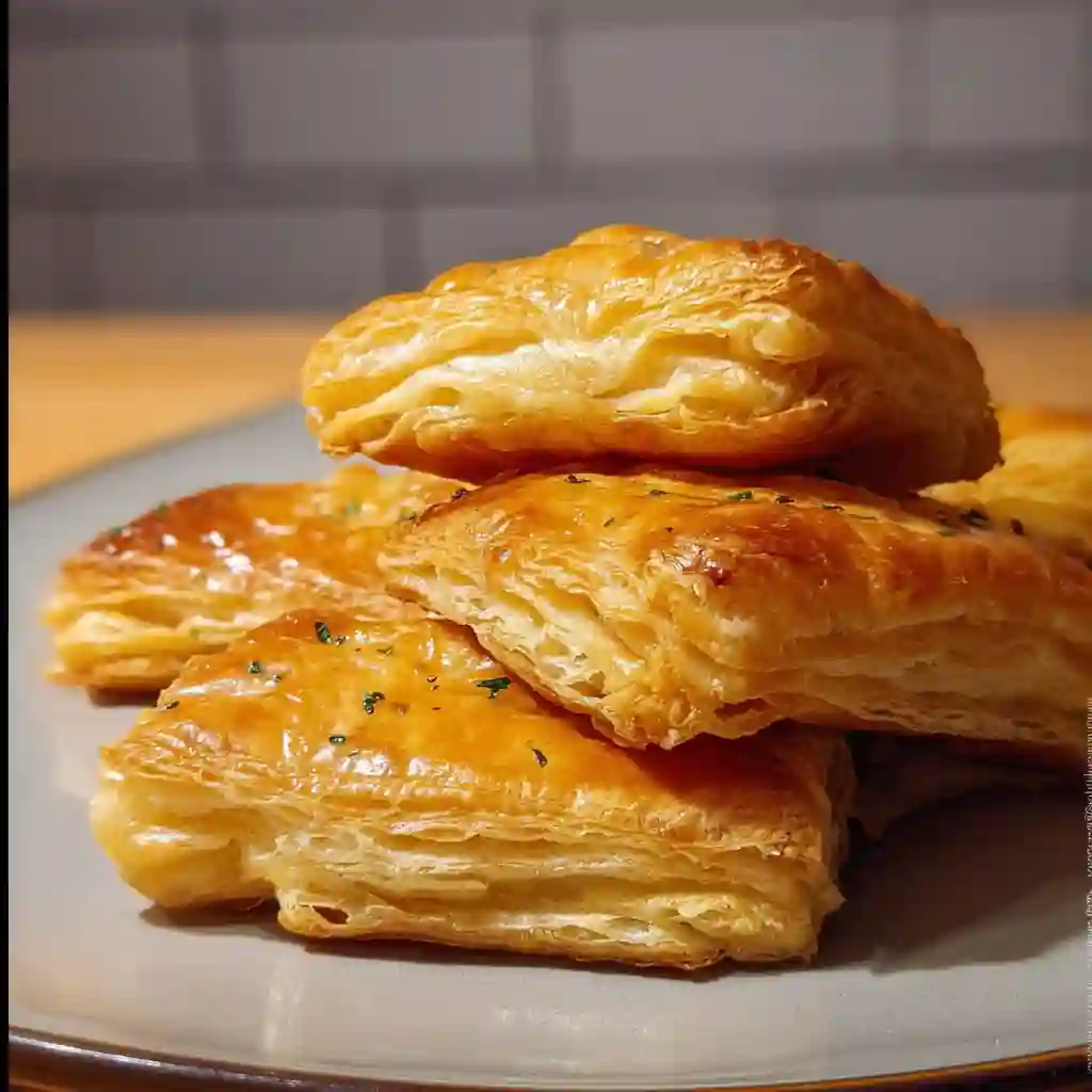 A freshly baked square of golden Gluten Free Puff Pastry served on a white dish, garnished with herbs and a sprinkle of black pepper.