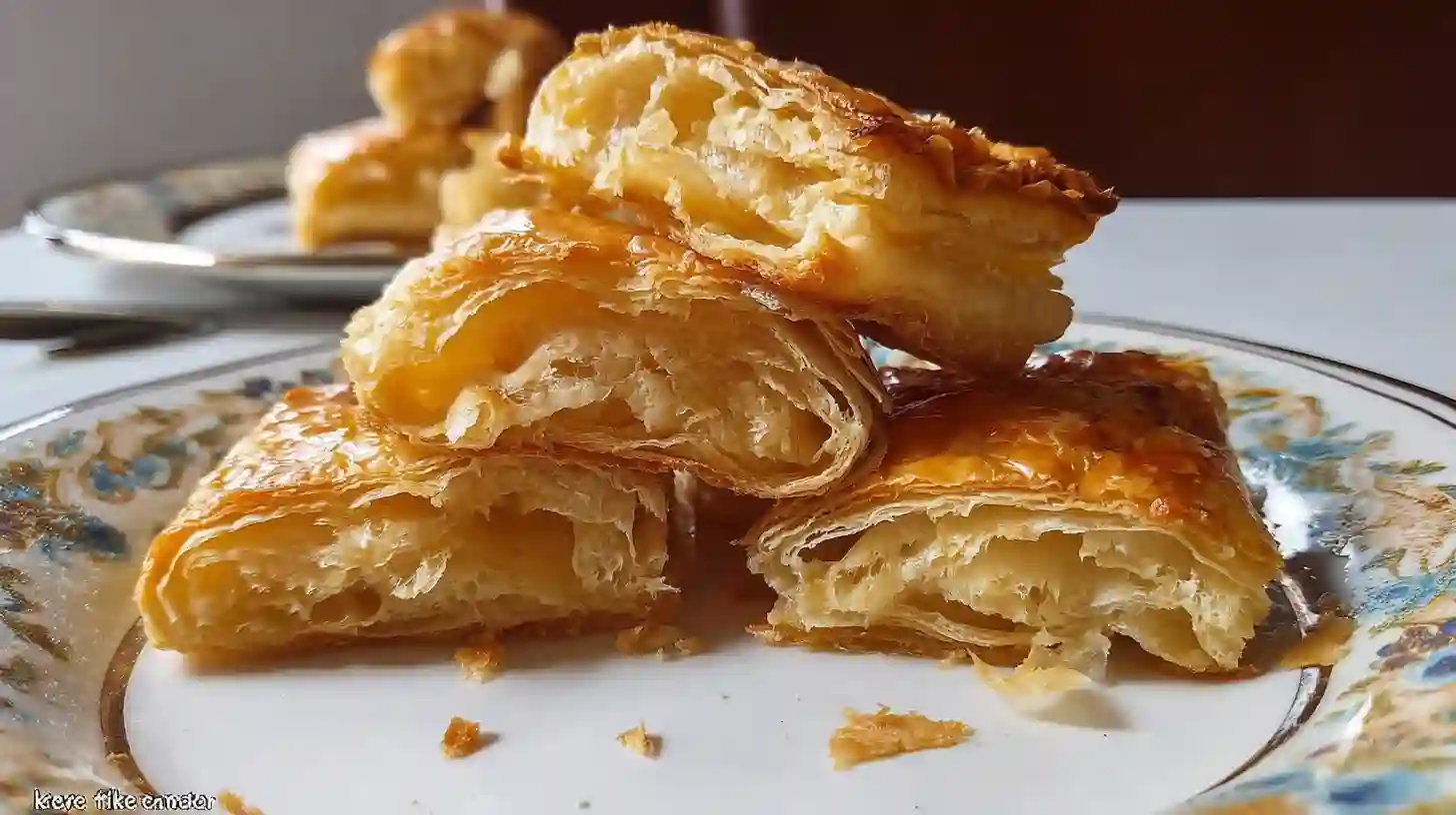 The interior of a broken-open Gluten Free Puff Pastry, showcasing the light, airy, and buttery layers of the successful gluten-free bake