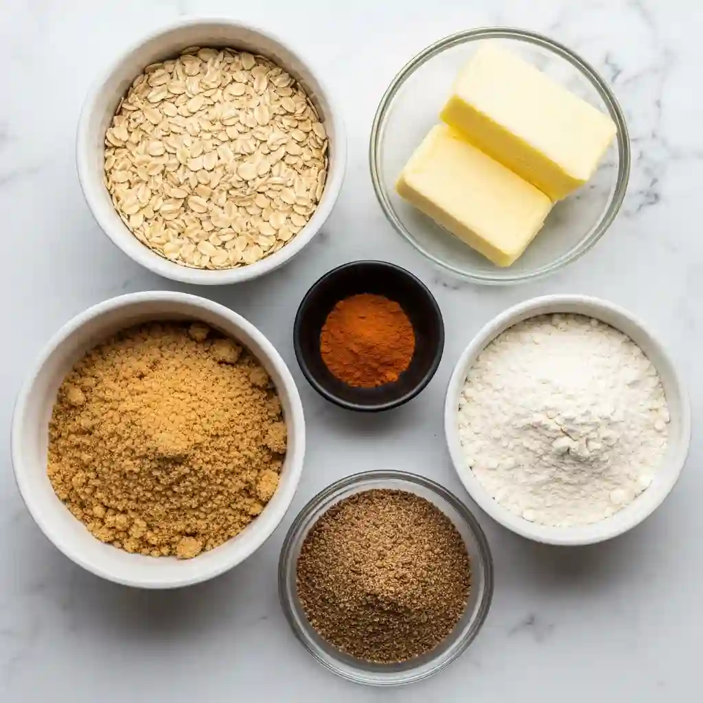 Overhead shot of gluten free apple crisp topping ingredients in bowls: gluten-free oats, brown sugar, flaxseed meal, cinnamon, GF flour, and butter sticks on a marble background.