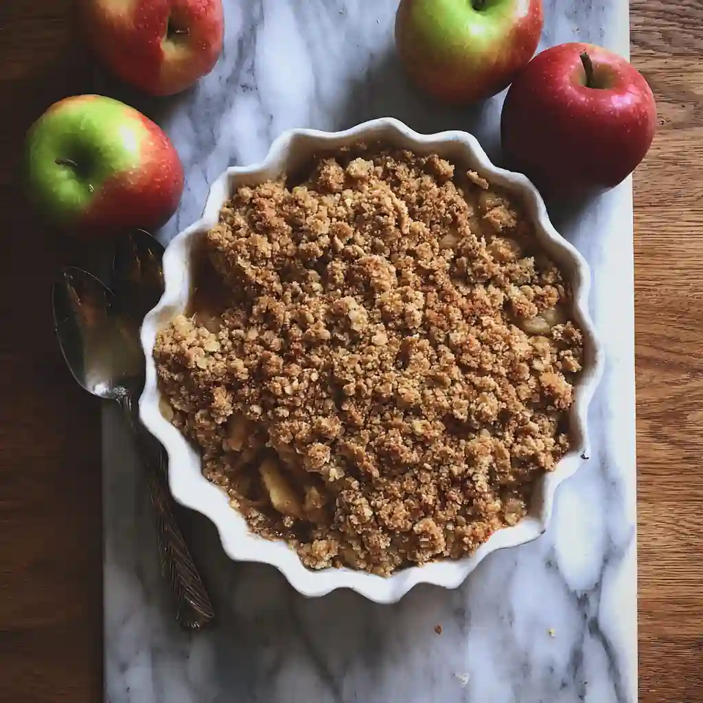 Overhead shot of gluten free apple crisp topping ingredients in bowls: gluten-free oats, brown sugar, flaxseed meal, cinnamon, GF flour, and butter sticks on a marble background.