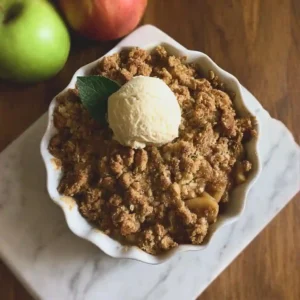 Warm gluten free apple crisp in a white baking dish, topped with a scoop of vanilla ice cream and fresh mint, with green and red apples in the background on a marble board.