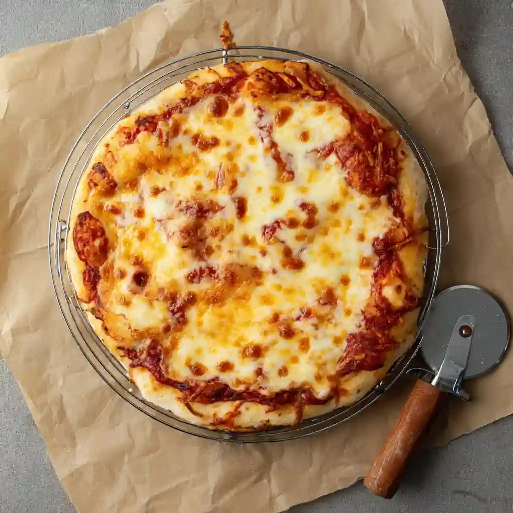 Freshly baked Gluten Free Pizza Dough Recipe cooling on a wire rack with a pizza cutter beside it.