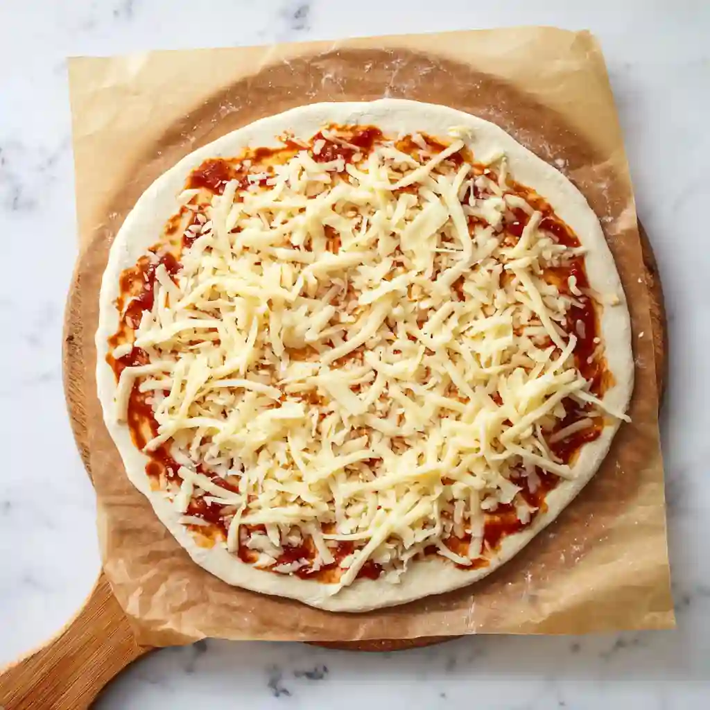 Unbaked Gluten Free Pizza Dough Recipe topped with shredded cheese and tomato sauce on parchment paper.