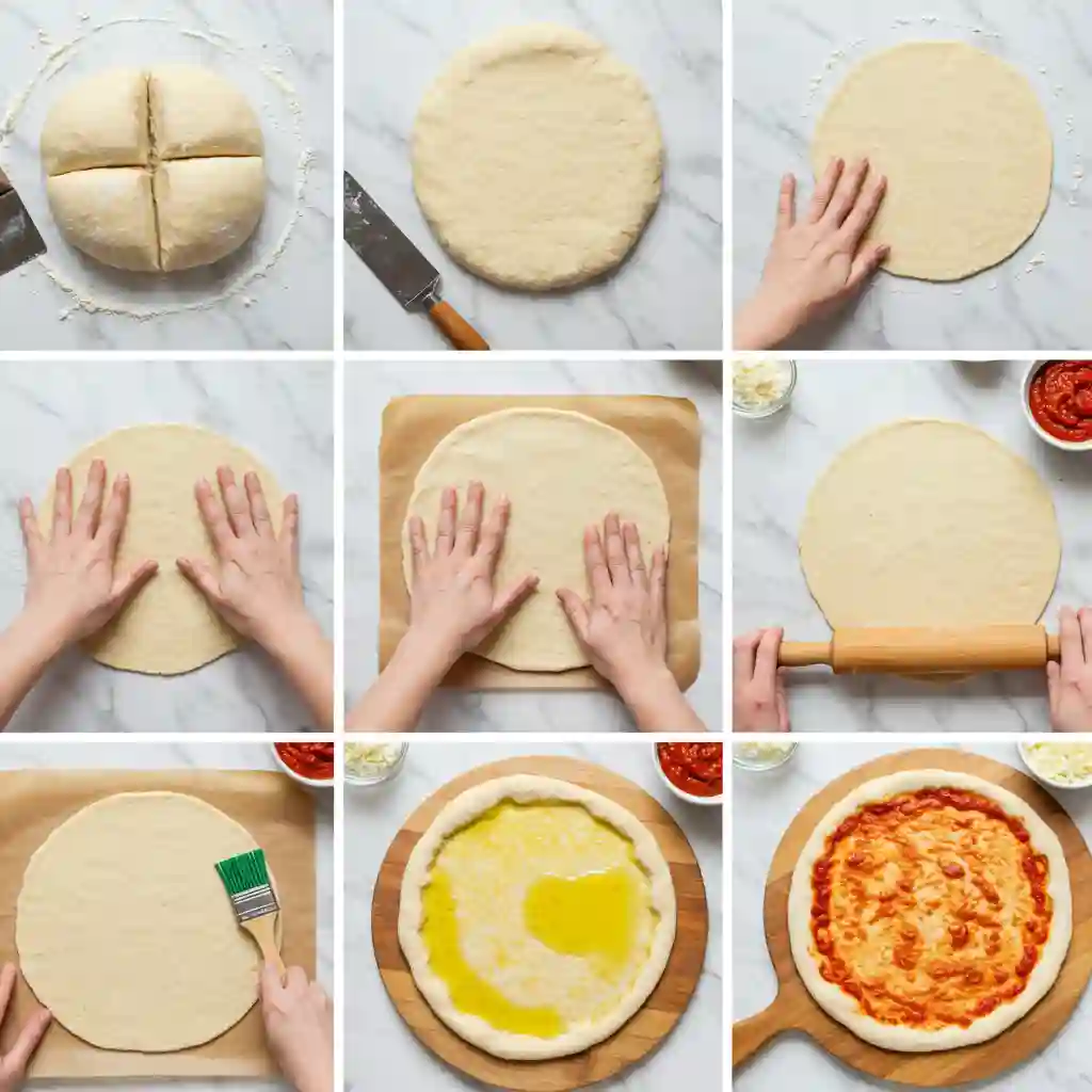 Step-by-step process of shaping gluten free pizza dough from dividing to brushing with oil, shown on a marble surface with sauce and cheese.