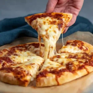 Hot and cheesy slice of gluten free pizza being pulled from a freshly baked pizza on parchment paper.