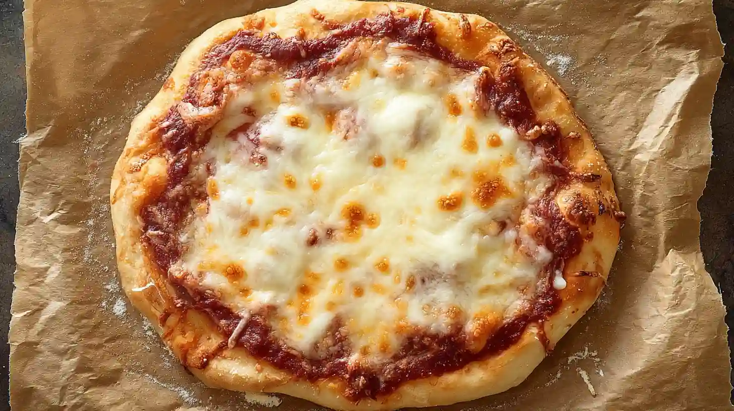 Baked Gluten Free Pizza Dough Recipe with golden cheese and tomato sauce on brown parchment paper