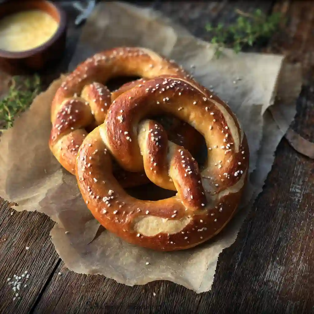 Two freshly baked gluten free pretzels on parchment paper, ready to be served with dipping sauce.
