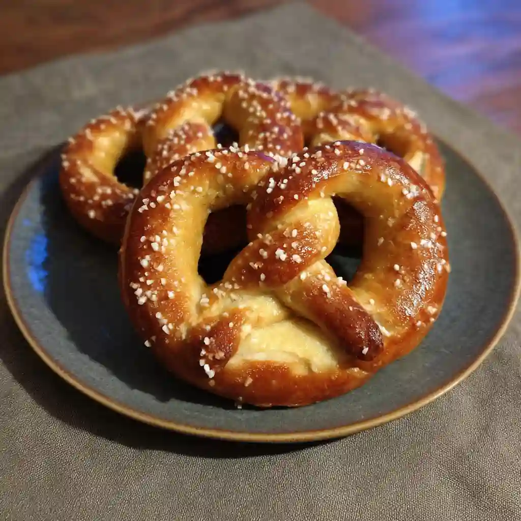 Three homemade gluten free pretzels sprinkled with coarse salt, sitting on a rustic blue plate.