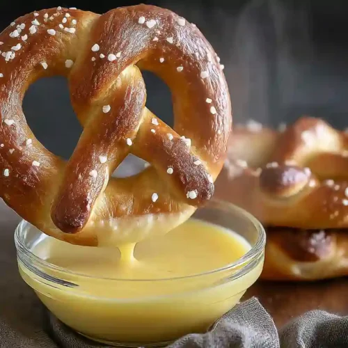 A hand dipping a warm gluten free pretzel into a small glass bowl of creamy cheese sauce.