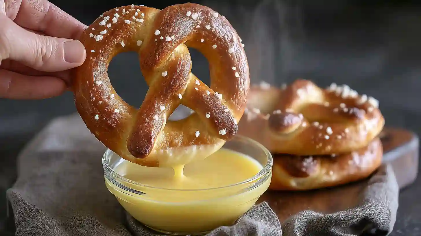 A hand dipping a warm gluten free pretzel into a small glass bowl of creamy cheese sauce.