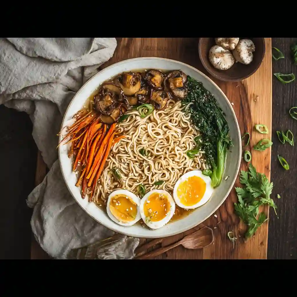A close-up view of a finished gluten free ramen bowl from an easy homemade recipe, garnished with sesame seeds and fresh green onions