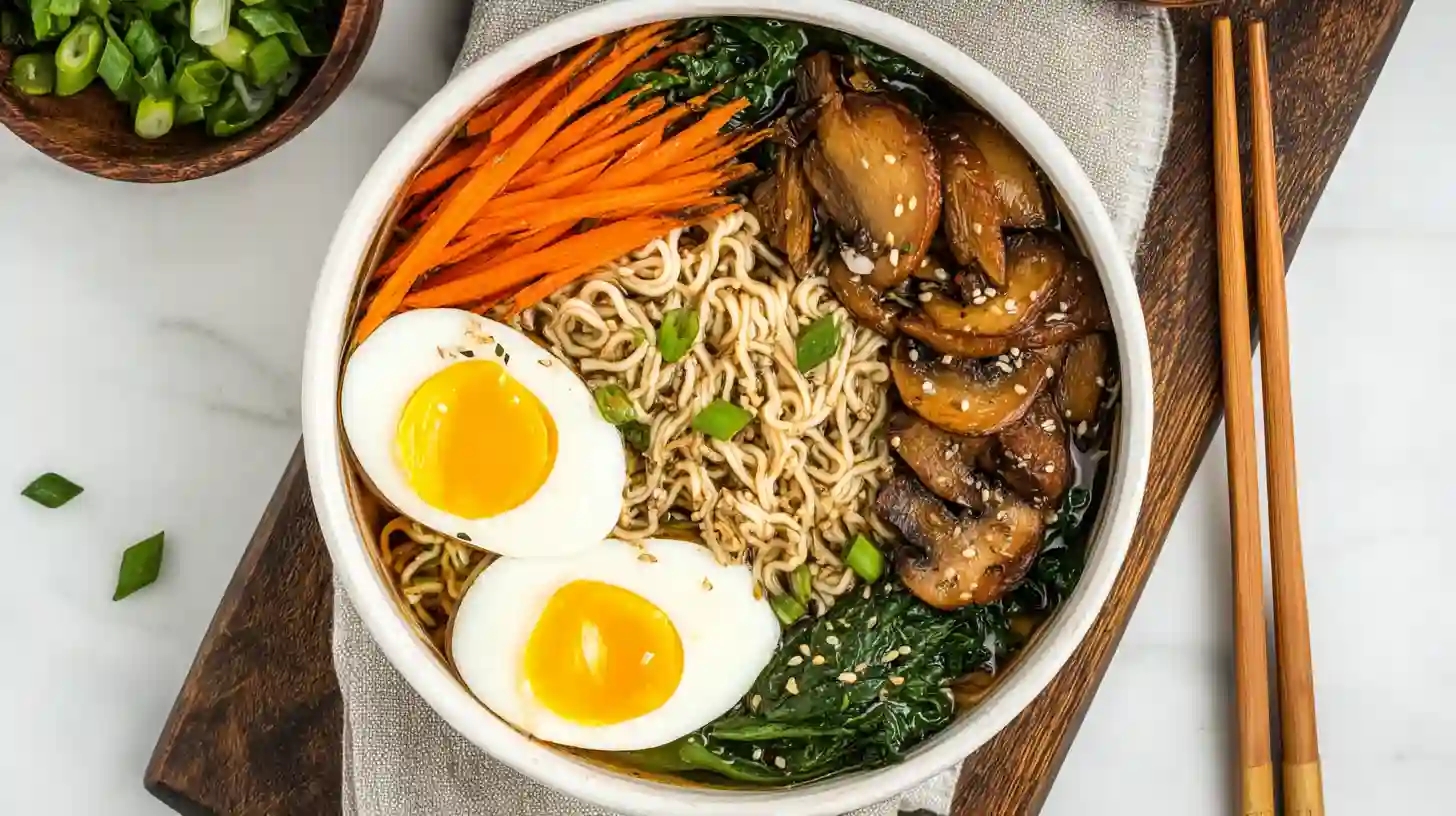 Overhead view of a delicious bowl of homemade gluten free ramen, topped with a soft-boiled egg, shredded carrots, and sautéed mushrooms.